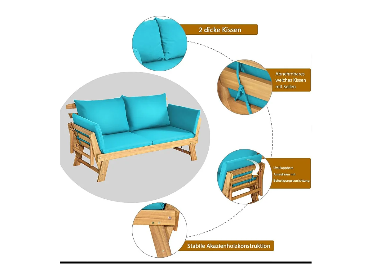 Tuinbank met ligfunctie, tuinbank en inklapbare armleuning, balkonbank van hout, zitbank voor tuin, terras, balkon, turquoise AB93317