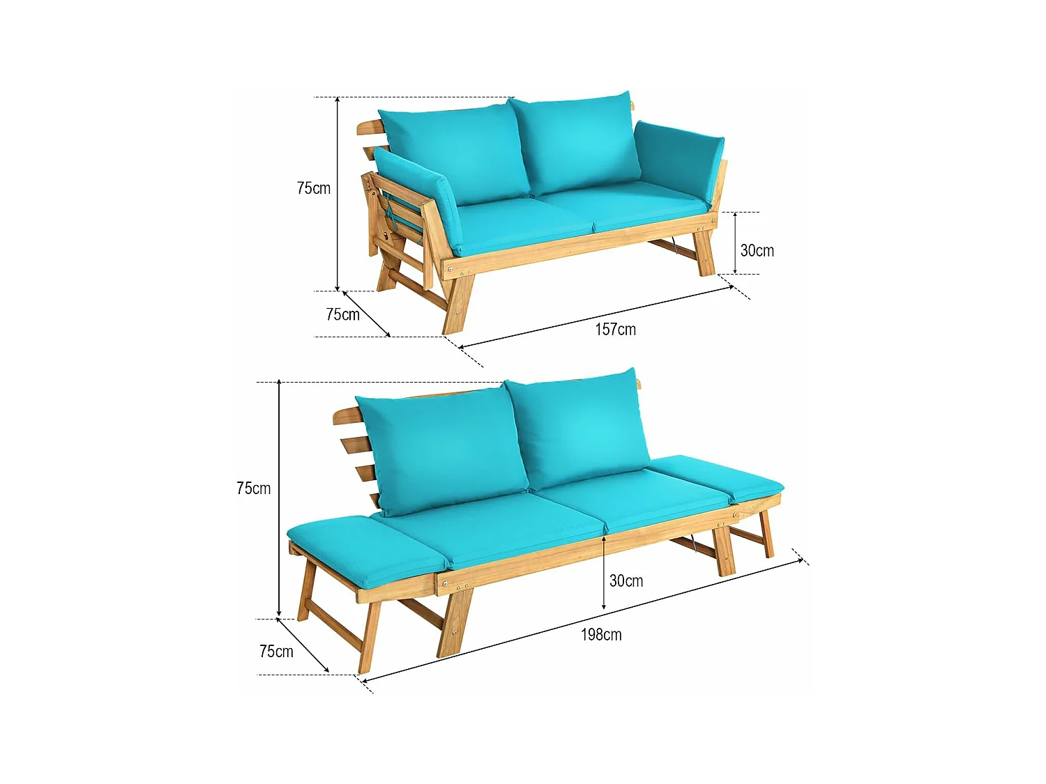 Tuinbank met ligfunctie, tuinbank en inklapbare armleuning, balkonbank van hout, zitbank voor tuin, terras, balkon, turquoise AB93317