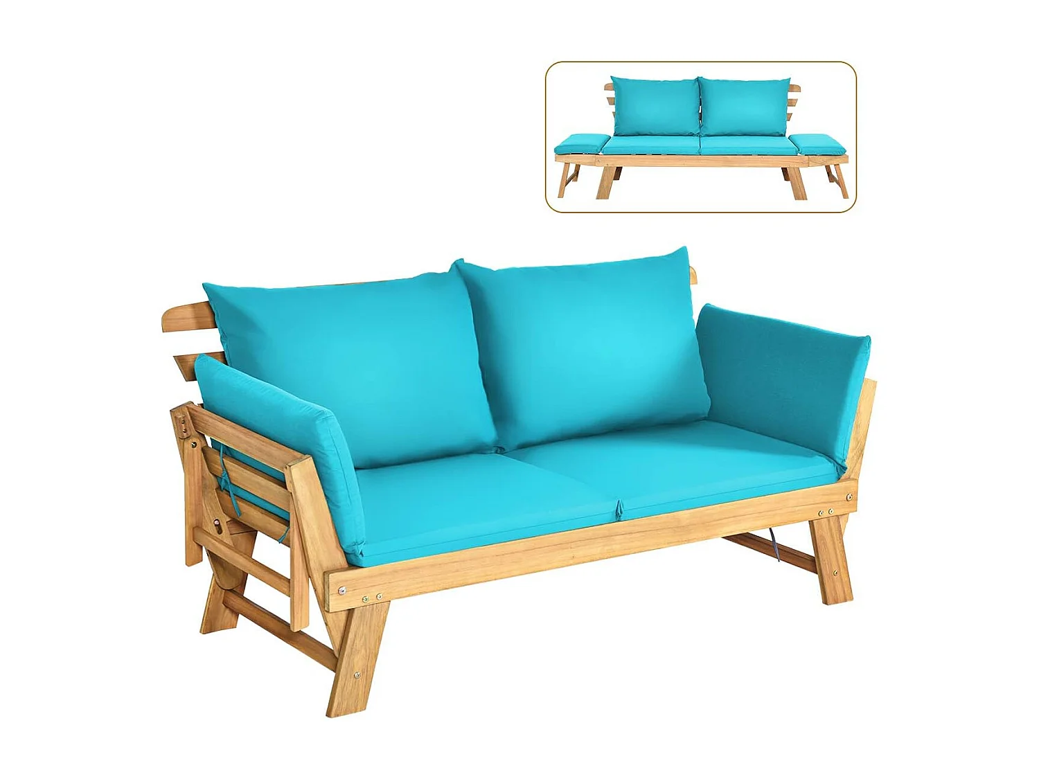 Tuinbank met ligfunctie, tuinbank en inklapbare armleuning, balkonbank van hout, zitbank voor tuin, terras, balkon, turquoise AB93317