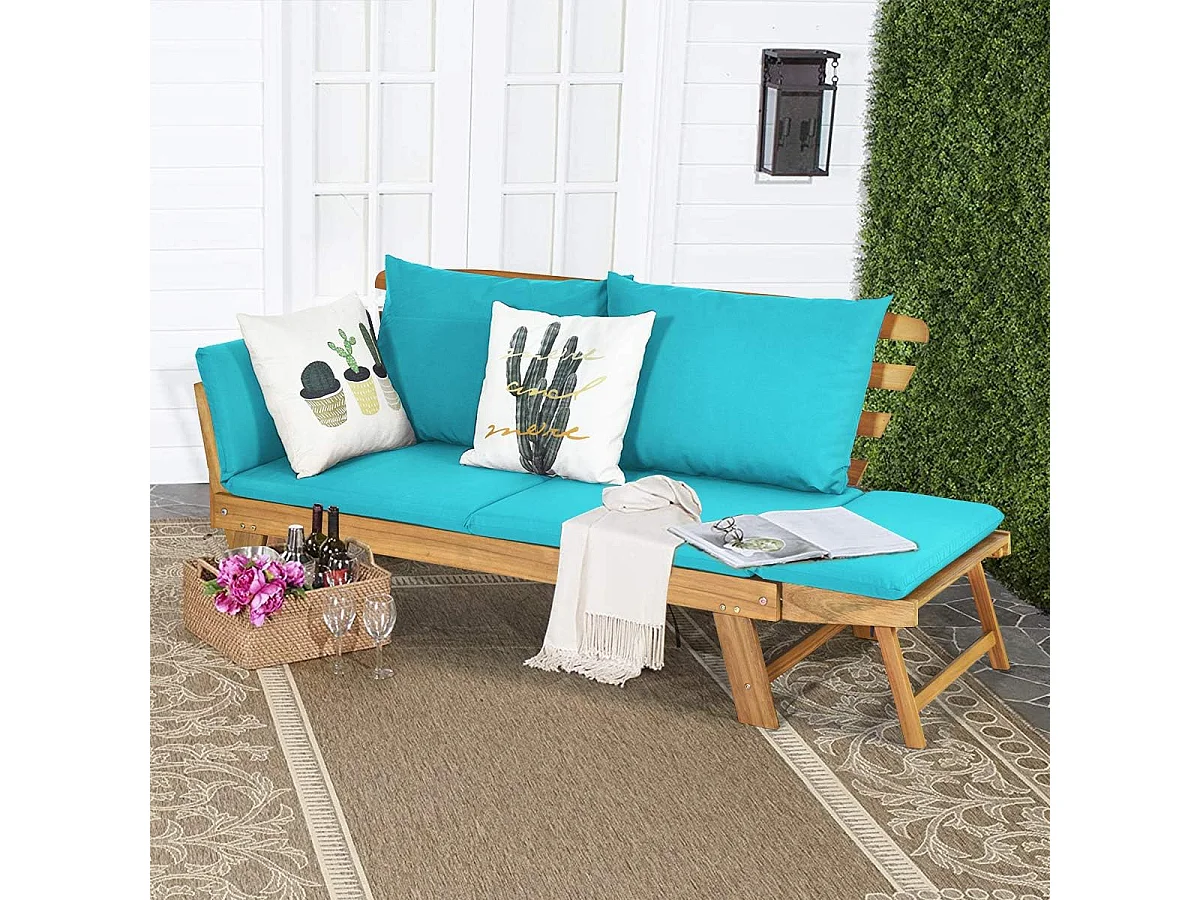 Tuinbank met ligfunctie, tuinbank en inklapbare armleuning, balkonbank van hout, zitbank voor tuin, terras, balkon, turquoise AB93317