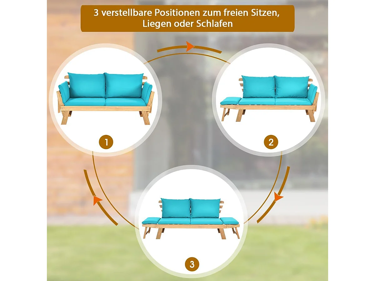 Tuinbank met ligfunctie, tuinbank en inklapbare armleuning, balkonbank van hout, zitbank voor tuin, terras, balkon, turquoise AB93317