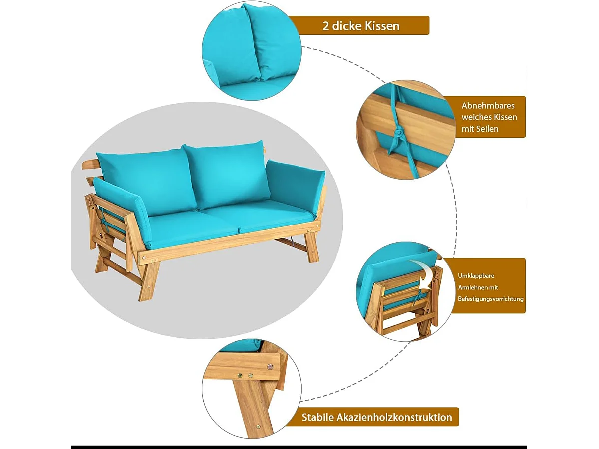 Tuinbank met ligfunctie, tuinbank en inklapbare armleuning, balkonbank van hout, zitbank voor tuin, terras, balkon, turquoise AB93317