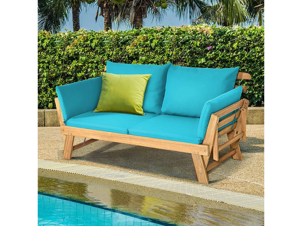 Tuinbank met ligfunctie, tuinbank en inklapbare armleuning, balkonbank van hout, zitbank voor tuin, terras, balkon, turquoise AB93317