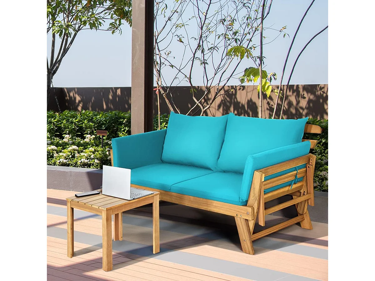 Tuinbank met ligfunctie, tuinbank en inklapbare armleuning, balkonbank van hout, zitbank voor tuin, terras, balkon, turquoise AB93317