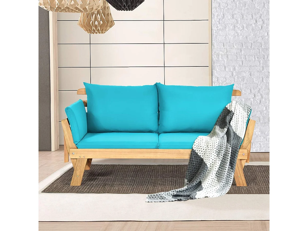 Tuinbank met ligfunctie, tuinbank en inklapbare armleuning, balkonbank van hout, zitbank voor tuin, terras, balkon, turquoise AB93317