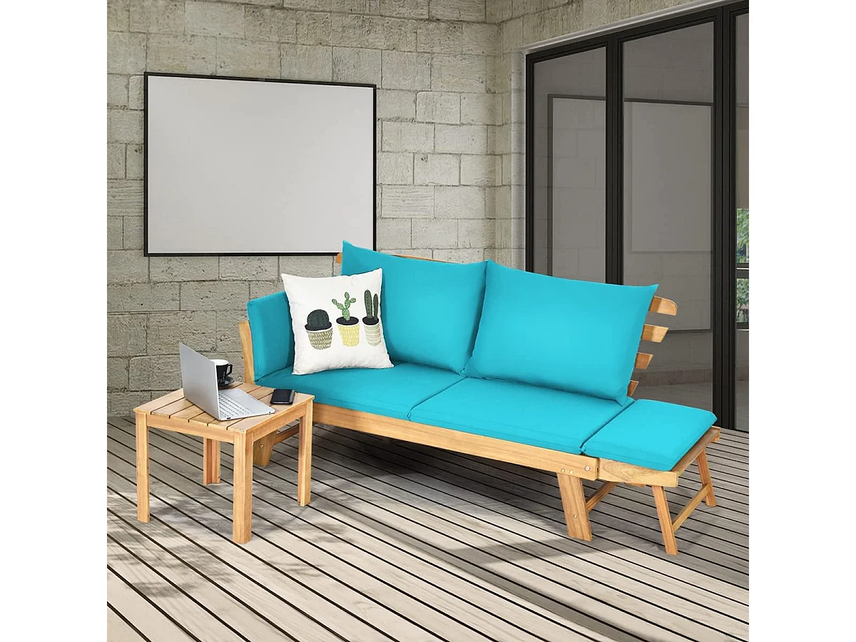 Tuinbank met ligfunctie, tuinbank en inklapbare armleuning, balkonbank van hout, zitbank voor tuin, terras, balkon, turquoise AB93317