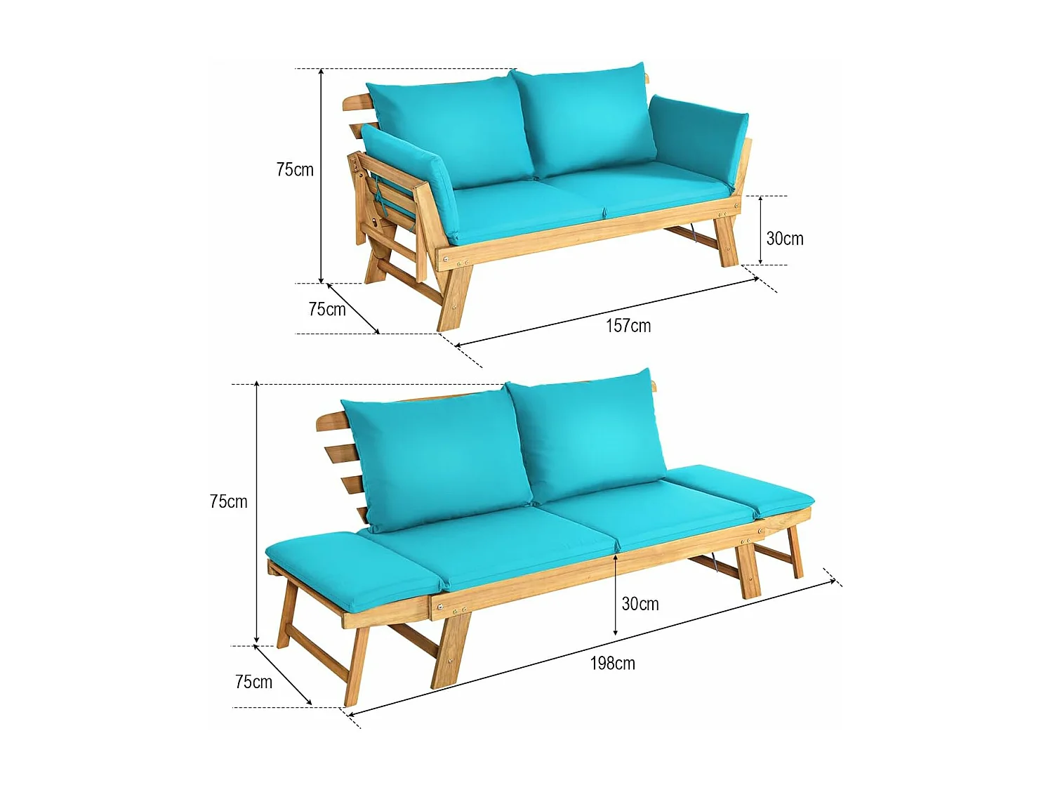 Tuinbank met ligfunctie, tuinbank en inklapbare armleuning, balkonbank van hout, zitbank voor tuin, terras, balkon, turquoise AB93317