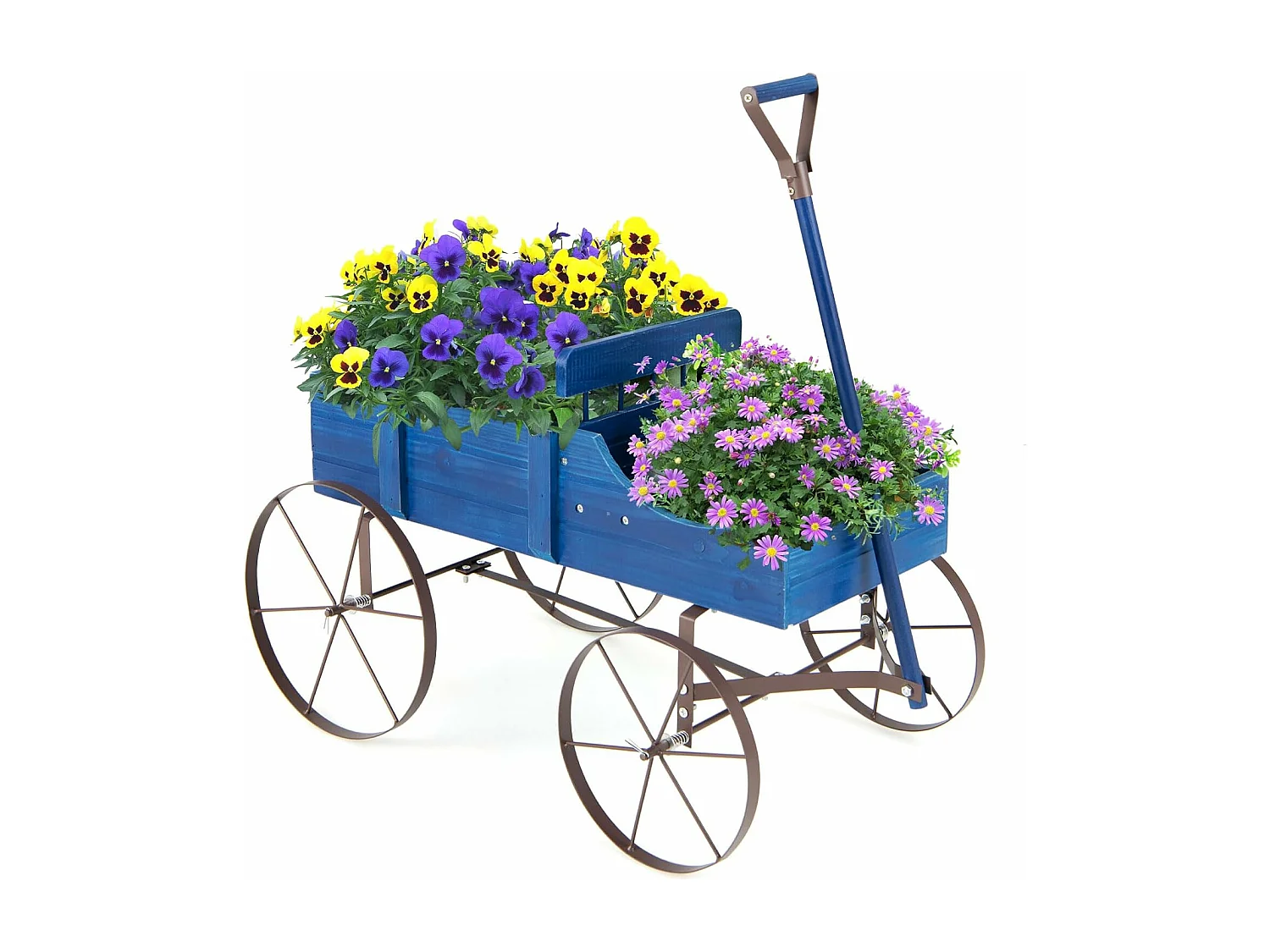 Bloemenstandaard, houten wagen, plantenwagen met wielen, van metaal, bloembak, plantenstandaard voor tuin en terras, 62x34x60 cm (blauw) SF5884