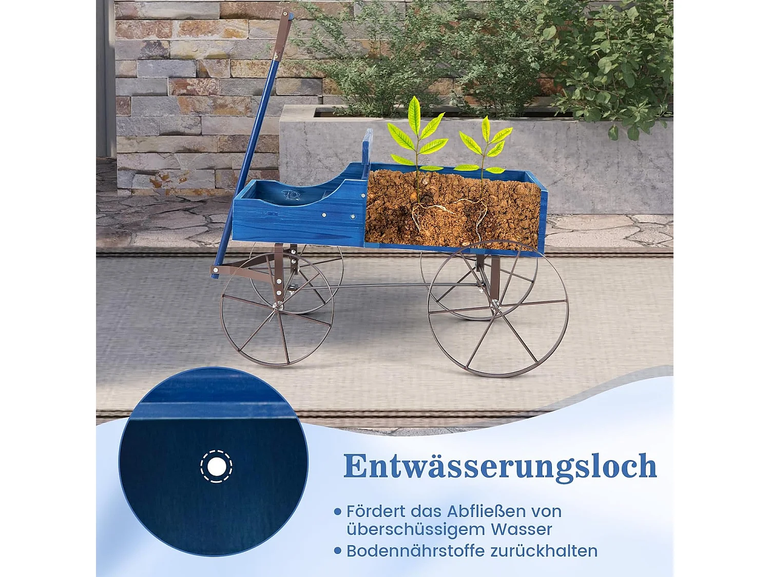 Bloemenstandaard, houten wagen, plantenwagen met wielen, van metaal, bloembak, plantenstandaard voor tuin en terras, 62x34x60 cm (blauw) SF5884