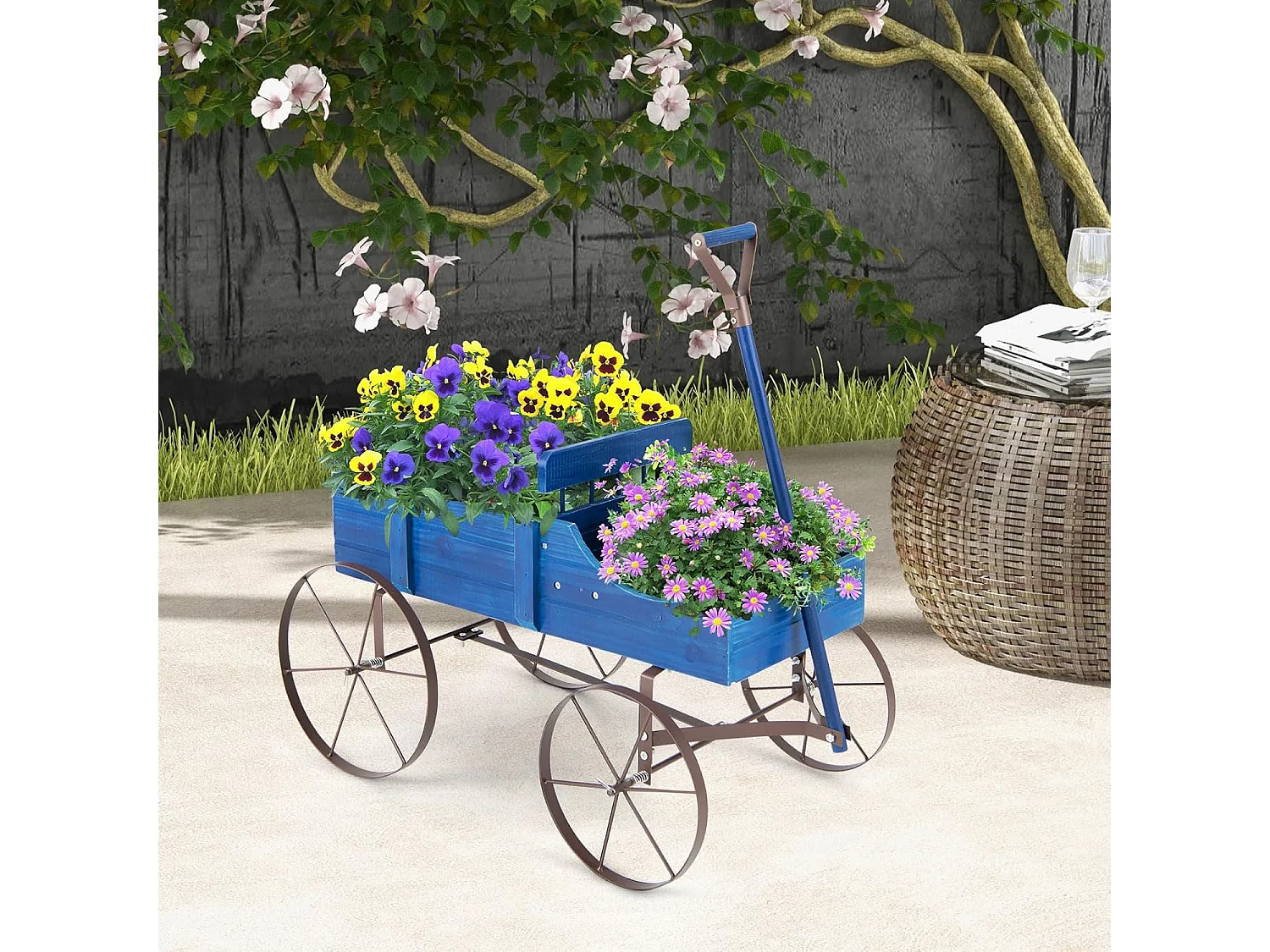 Bloemenstandaard, houten wagen, plantenwagen met wielen, van metaal, bloembak, plantenstandaard voor tuin en terras, 62x34x60 cm (blauw) SF5884
