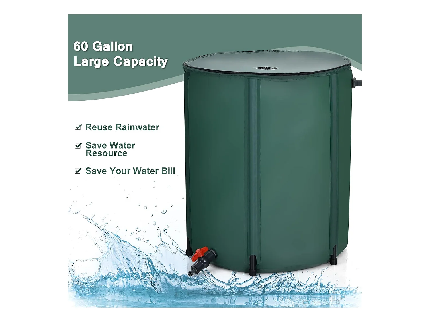 225 l regenton met overloopventiel, regenwaterton opvouwbaar, regenwatertank, pvc, regenvat, watervat, 60 x 60 x 80 cm