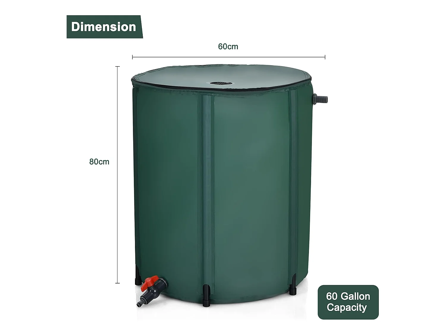 225 l regenton met overloopventiel, regenwaterton opvouwbaar, regenwatertank, pvc, regenvat, watervat, 60 x 60 x 80 cm
