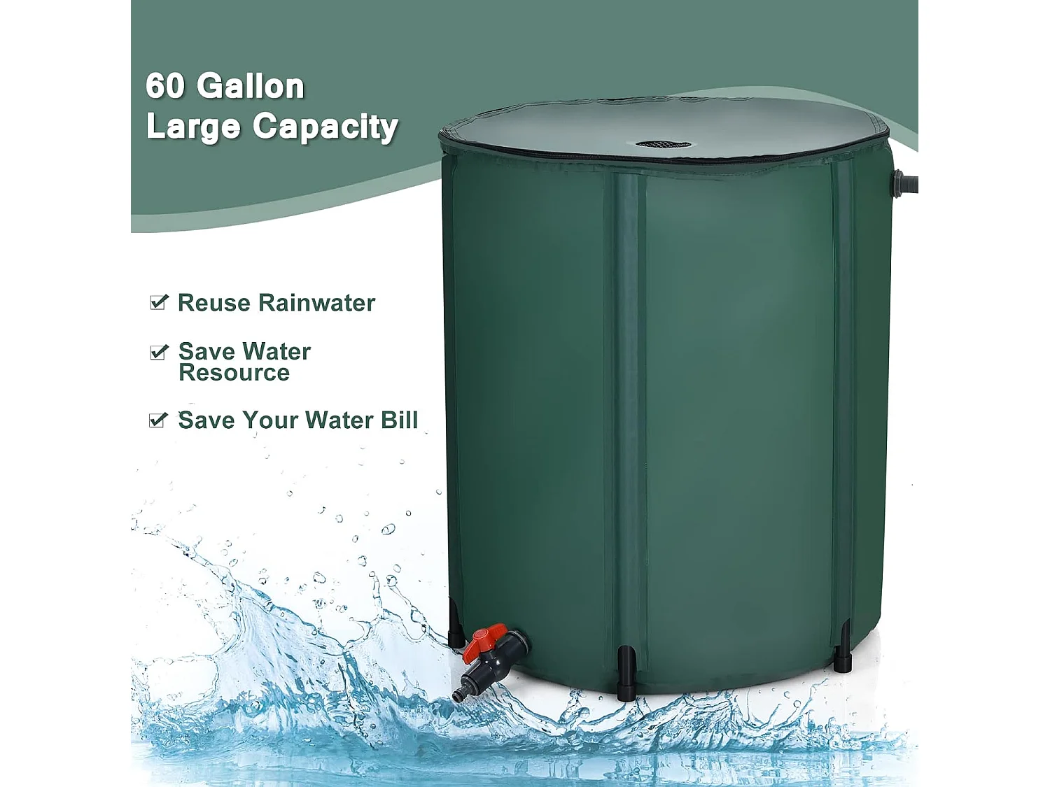 225 l regenton met overloopventiel, regenwaterton opvouwbaar, regenwatertank, pvc, regenvat, watervat, 60 x 60 x 80 cm