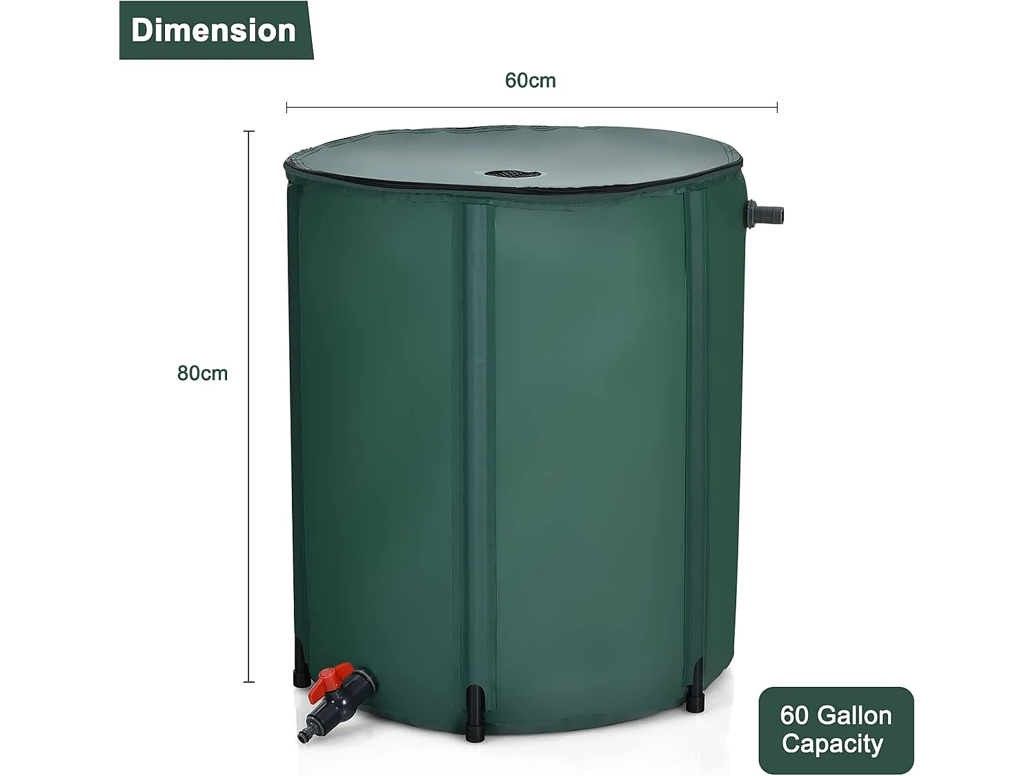 225 l regenton met overloopventiel, regenwaterton opvouwbaar, regenwatertank, pvc, regenvat, watervat, 60 x 60 x 80 cm