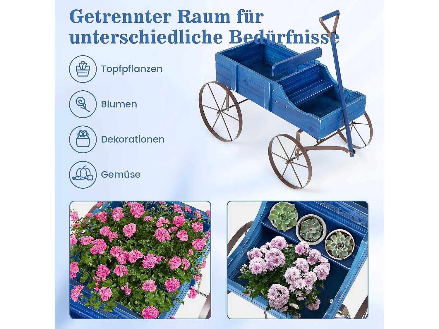 Bloemenstandaard, houten wagen, plantenwagen met wielen, van metaal, bloembak, plantenstandaard voor tuin en terras, 62x34x60 cm (grijs)SF5884