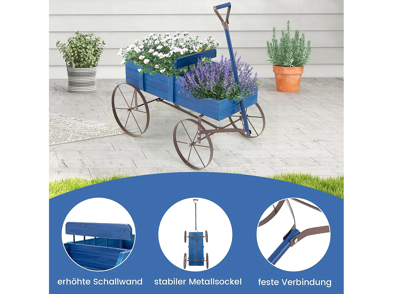 Bloemenstandaard, houten wagen, plantenwagen met wielen, van metaal, bloembak, plantenstandaard voor tuin en terras, 62x34x60 cm (grijs)SF5884
