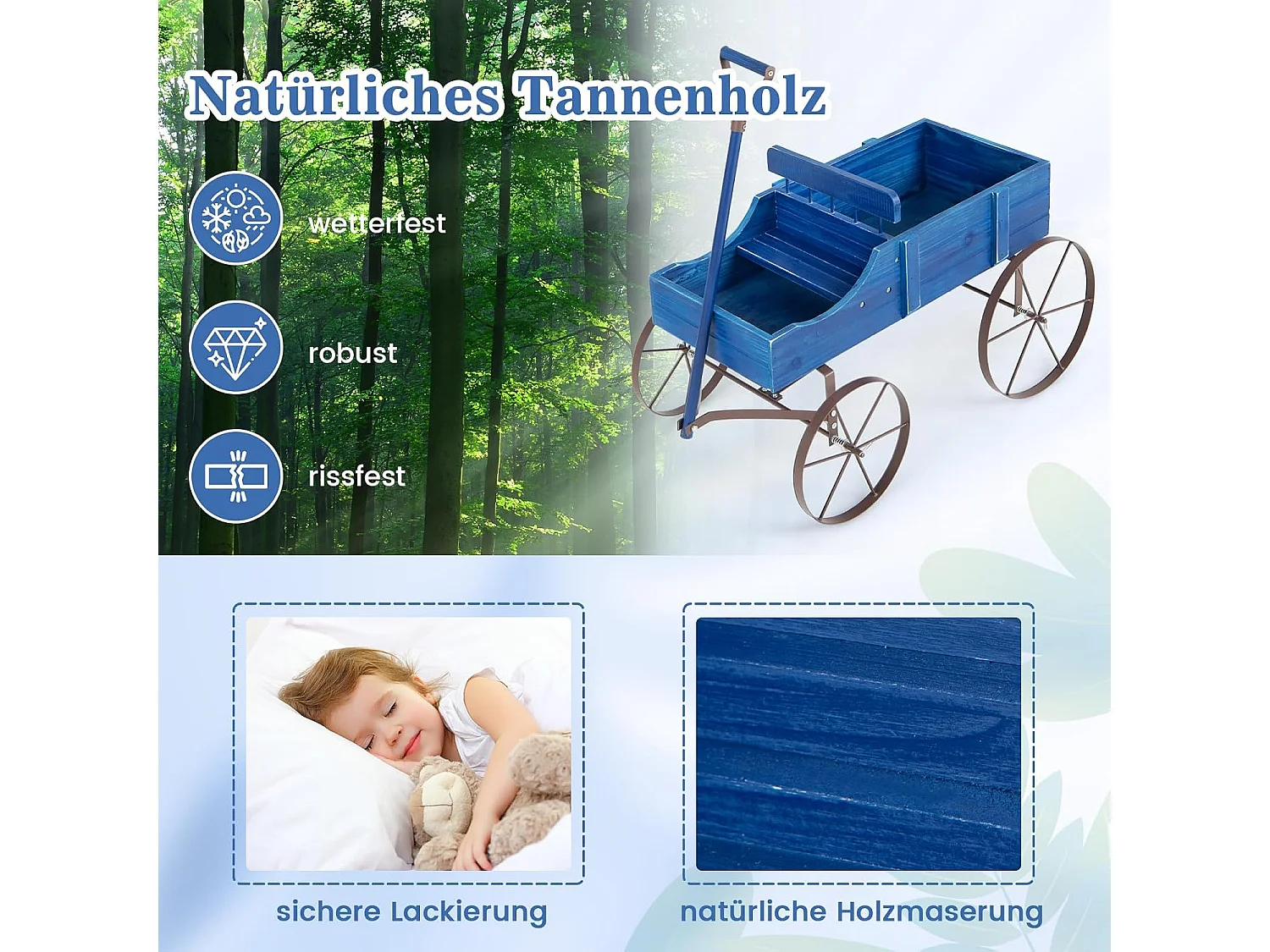 Bloemenstandaard, houten wagen, plantenwagen met wielen, van metaal, bloembak, plantenstandaard voor tuin en terras, 62x34x60 cm (grijs)SF5884