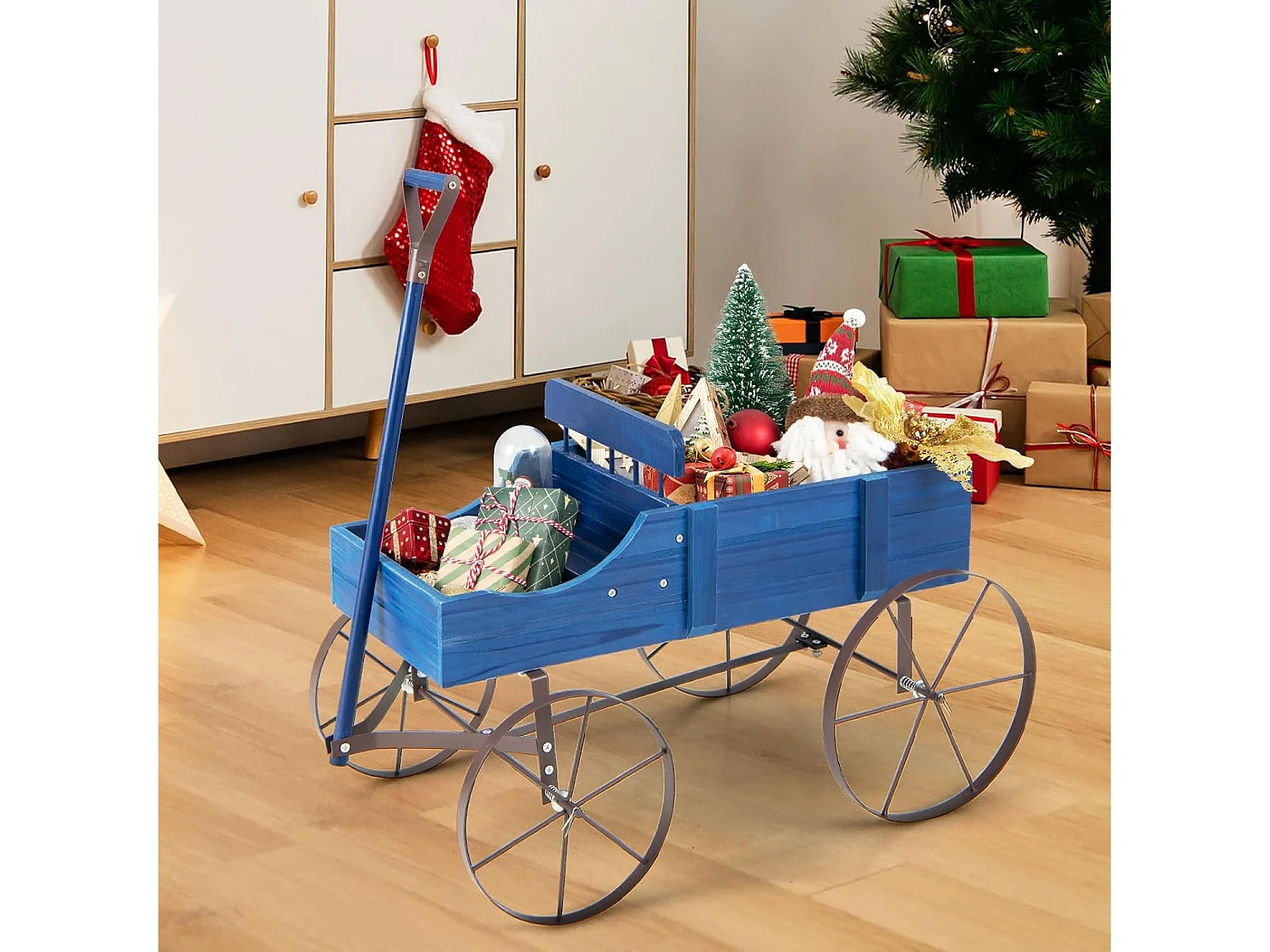 Bloemenstandaard, houten wagen, plantenwagen met wielen, van metaal, bloembak, plantenstandaard voor tuin en terras, 62x34x60 cm (grijs)SF5884