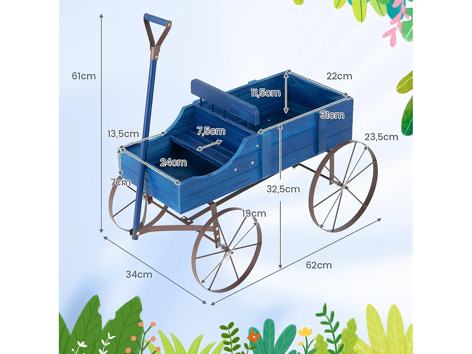 Bloemenstandaard, houten wagen, plantenwagen met wielen, van metaal, bloembak, plantenstandaard voor tuin en terras, 62x34x60 cm (grijs)SF5884