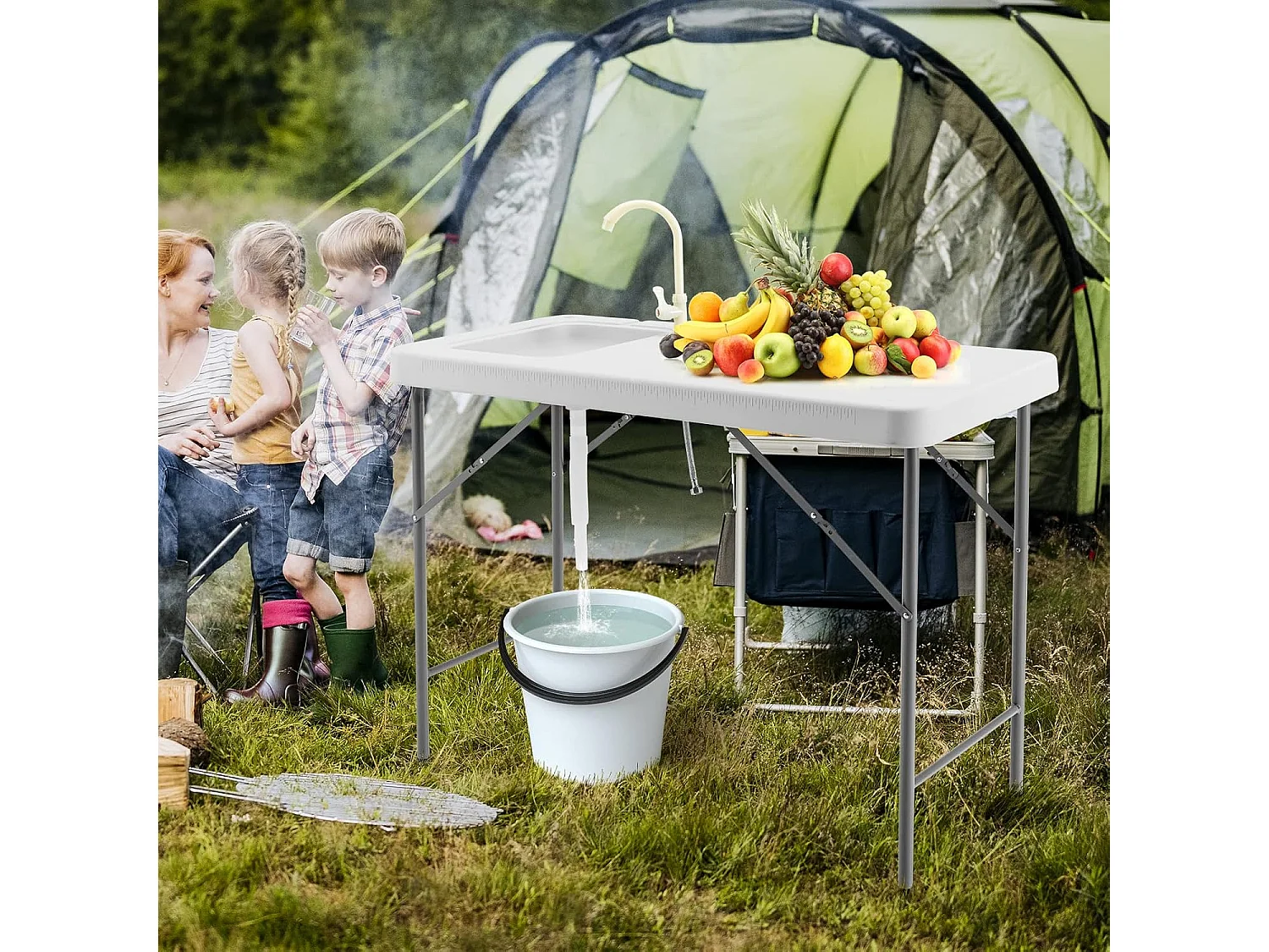 Opklapbare filetietafel met gootsteen, meetschaal en kraan, draagbare campingtafel, visreinigingstafel voor camping, vissen, 115 x 59 x 93,5 cm