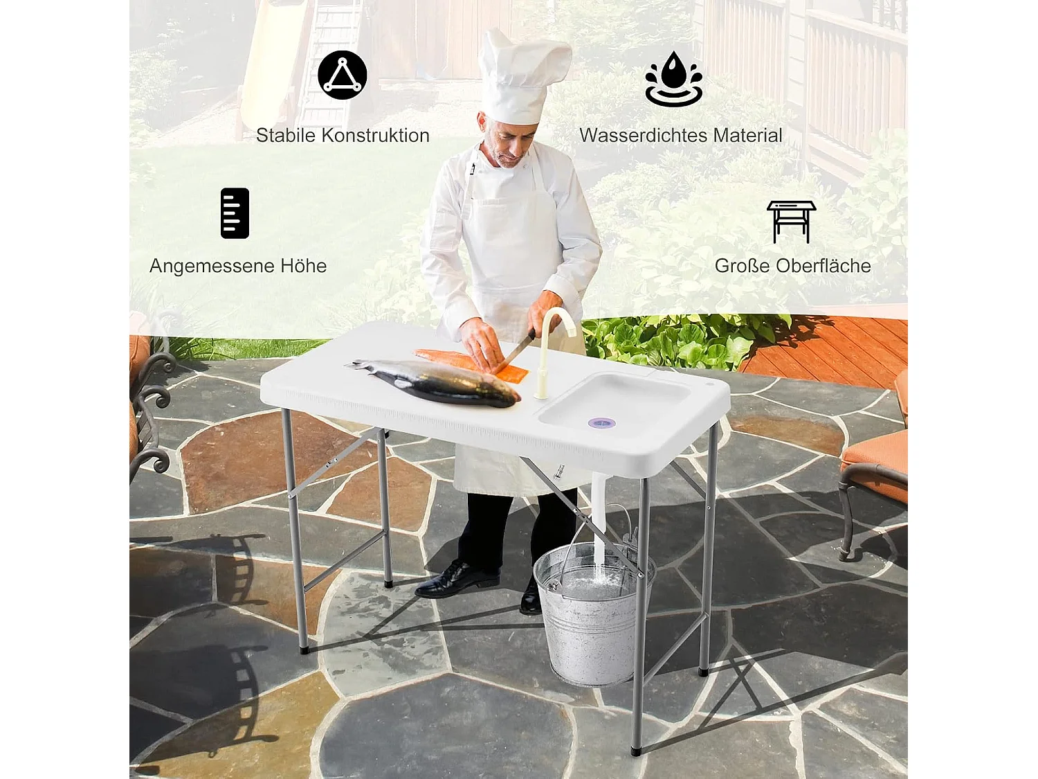 Opklapbare filetietafel met gootsteen, meetschaal en kraan, draagbare campingtafel, visreinigingstafel voor camping, vissen, 115 x 59 x 93,5 cm
