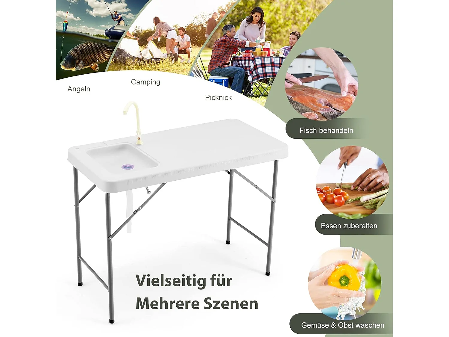 Opklapbare filetietafel met gootsteen, meetschaal en kraan, draagbare campingtafel, visreinigingstafel voor camping, vissen, 115 x 59 x 93,5 cm
