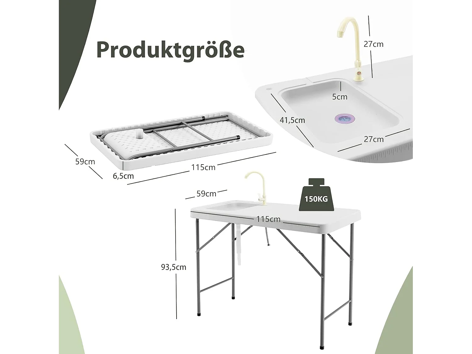 Opklapbare filetietafel met gootsteen, meetschaal en kraan, draagbare campingtafel, visreinigingstafel voor camping, vissen, 115 x 59 x 93,5 cm
