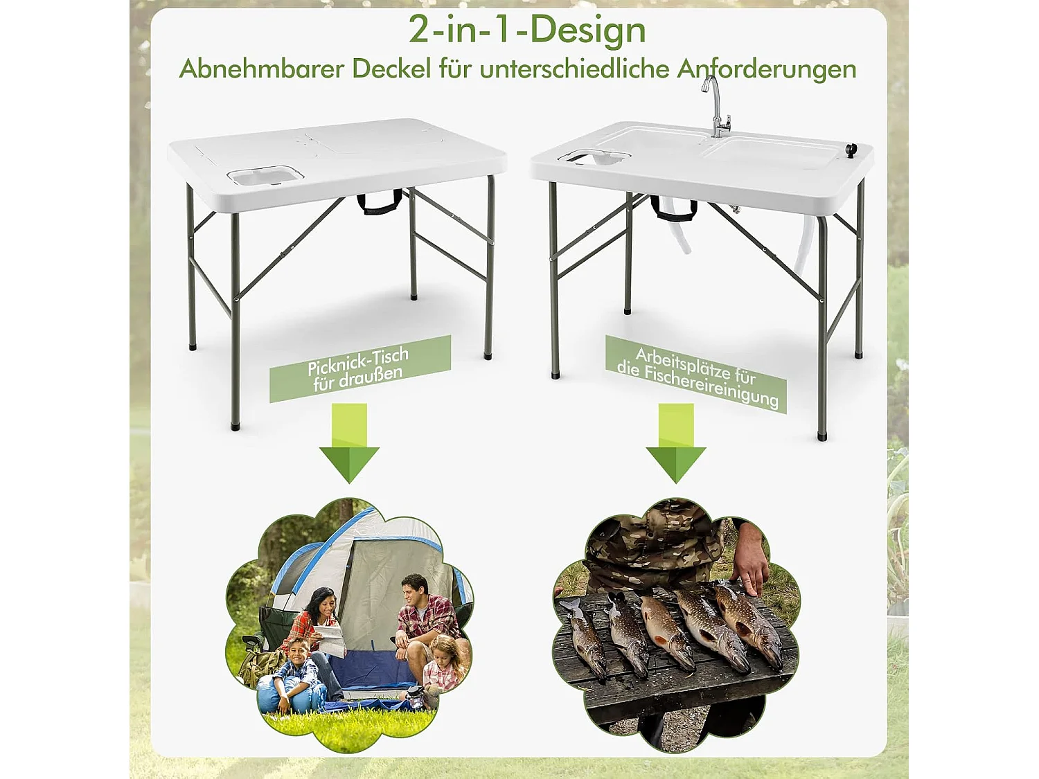 Visreinigingtafel, inklapbare filetietafel met 2 ingebouwde spoelbakken, draagbare campingtafel voor kamperen, vissen, grillen ZB32950
