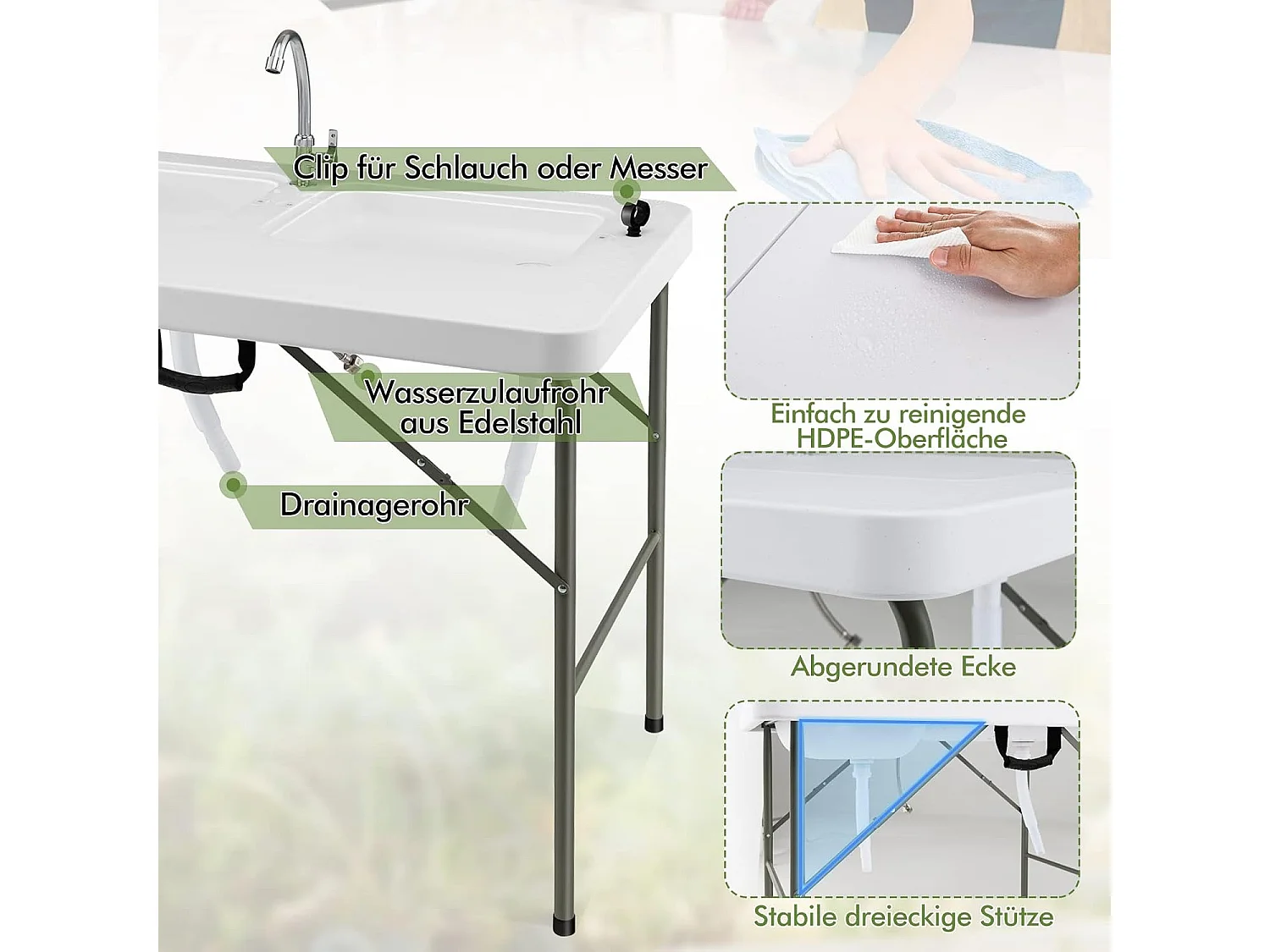 Visreinigingtafel, inklapbare filetietafel met 2 ingebouwde spoelbakken, draagbare campingtafel voor kamperen, vissen, grillen ZB32950