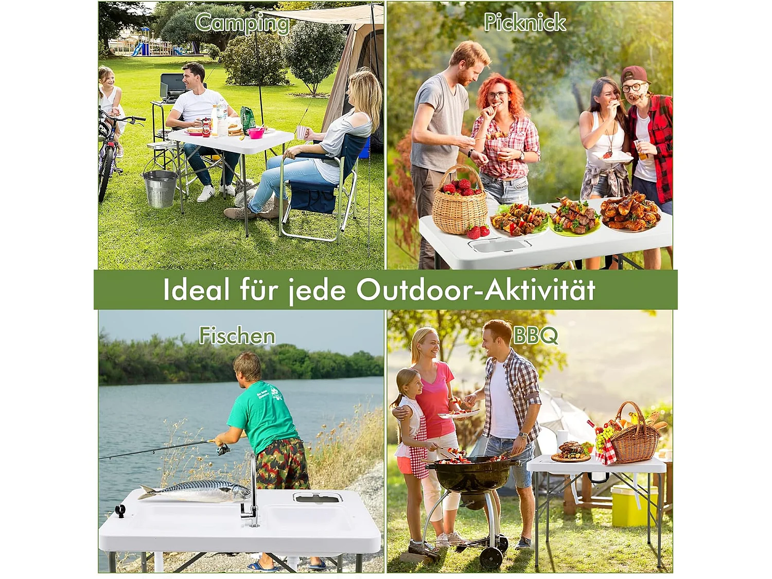 Visreinigingtafel, inklapbare filetietafel met 2 ingebouwde spoelbakken, draagbare campingtafel voor kamperen, vissen, grillen ZB32950