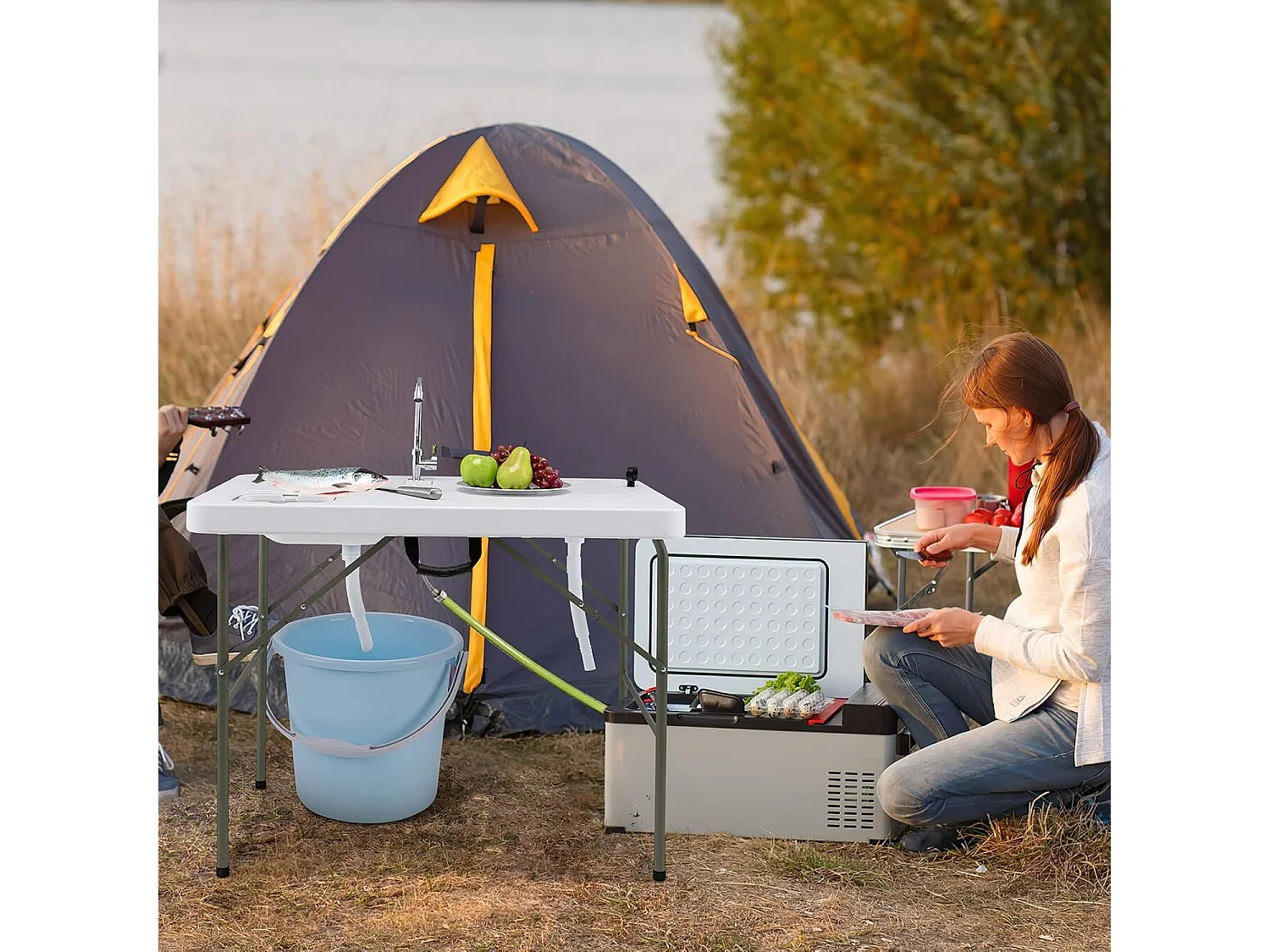 Visreinigingtafel, inklapbare filetietafel met 2 ingebouwde spoelbakken, draagbare campingtafel voor kamperen, vissen, grillen ZB32950