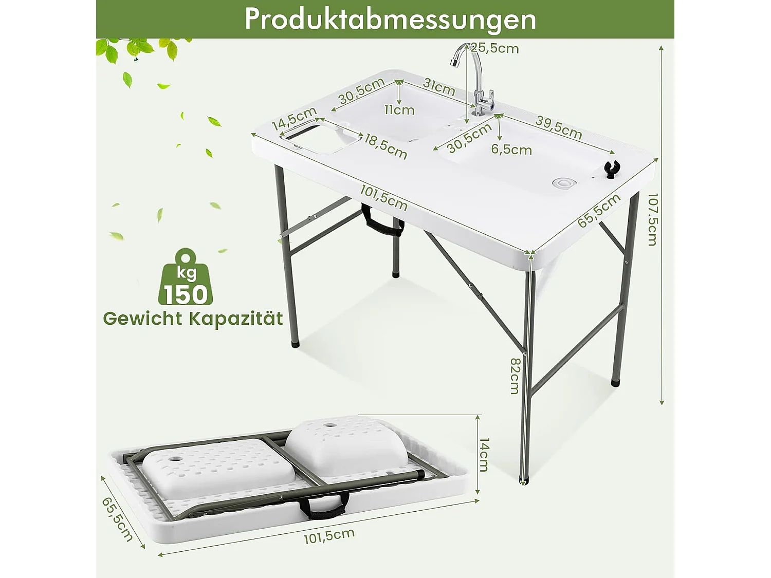 Visreinigingtafel, inklapbare filetietafel met 2 ingebouwde spoelbakken, draagbare campingtafel voor kamperen, vissen, grillen ZB32950