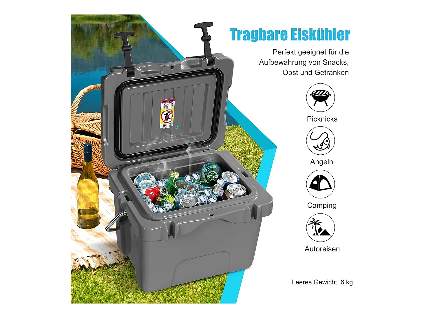 Koelbox, 15 liter, draagbaar,afvoerstop en bekerhouder, thermobox, warmtecontainer voor eten en dranken, 45 x 34 x 33 cm (grijs)AB92258