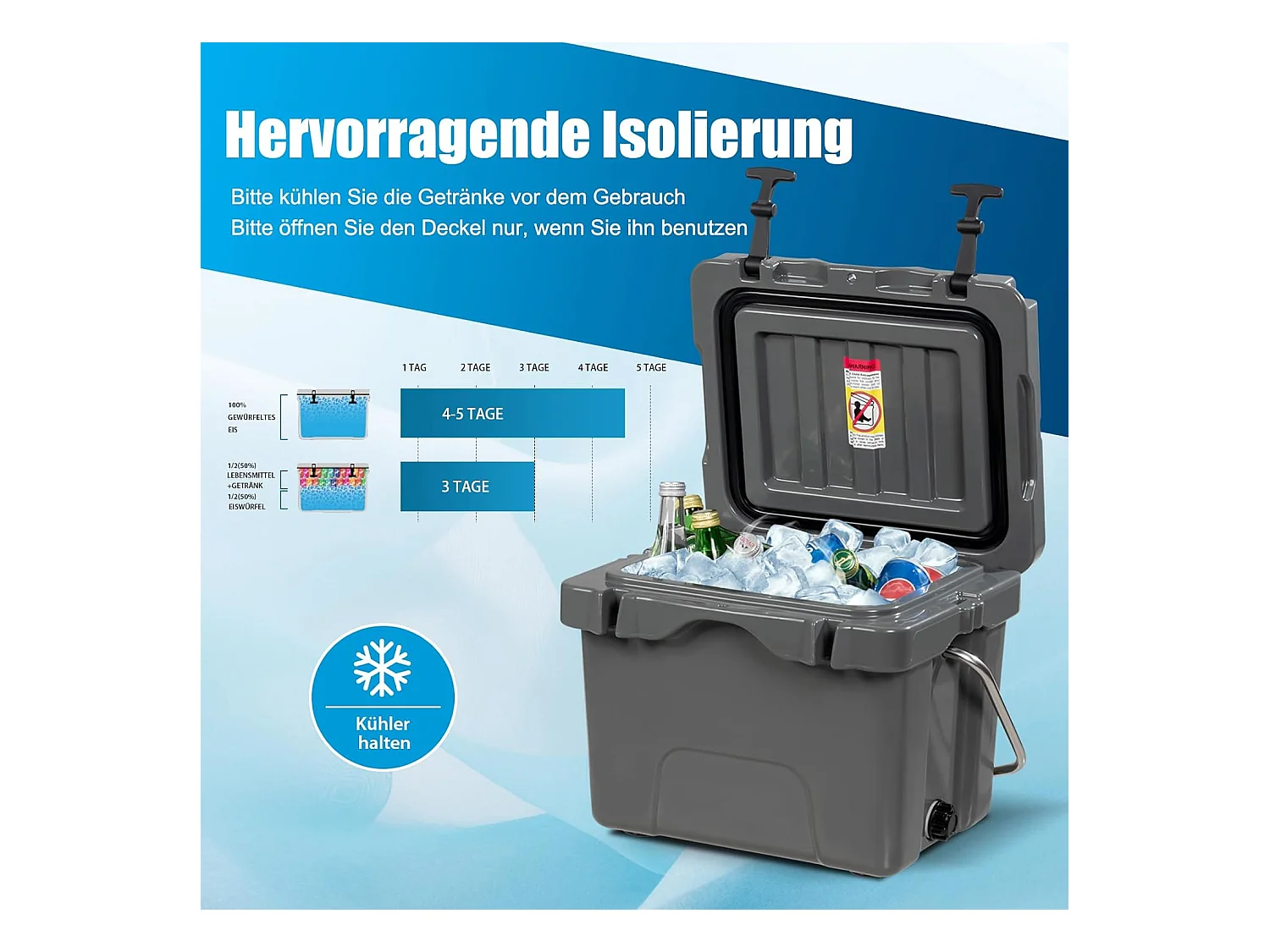 Koelbox, 15 liter, draagbaar,afvoerstop en bekerhouder, thermobox, warmtecontainer voor eten en dranken, 45 x 34 x 33 cm (grijs)AB92258