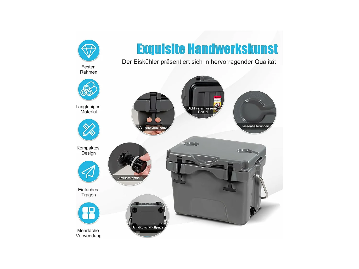 Koelbox, 15 liter, draagbaar,afvoerstop en bekerhouder, thermobox, warmtecontainer voor eten en dranken, 45 x 34 x 33 cm (grijs)AB92258