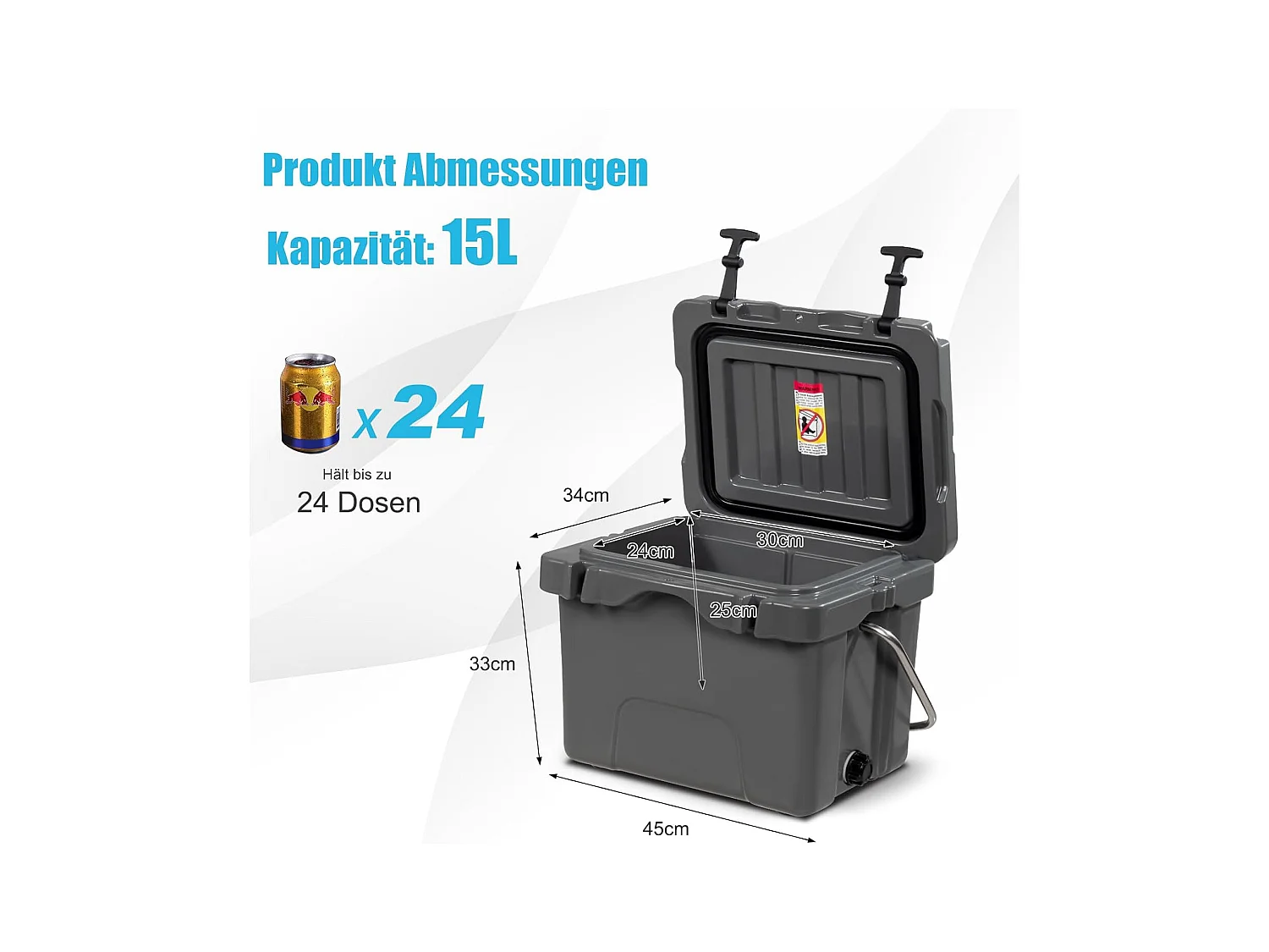 Koelbox, 15 liter, draagbaar,afvoerstop en bekerhouder, thermobox, warmtecontainer voor eten en dranken, 45 x 34 x 33 cm (grijs)AB92258