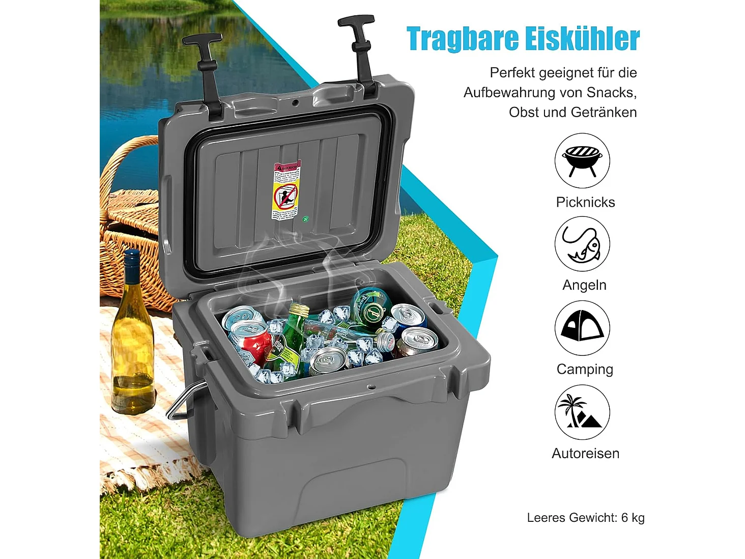 Koelbox, 15 liter, draagbaar,afvoerstop en bekerhouder, thermobox, warmtecontainer voor eten en dranken, 45 x 34 x 33 cm (grijs)AB92258