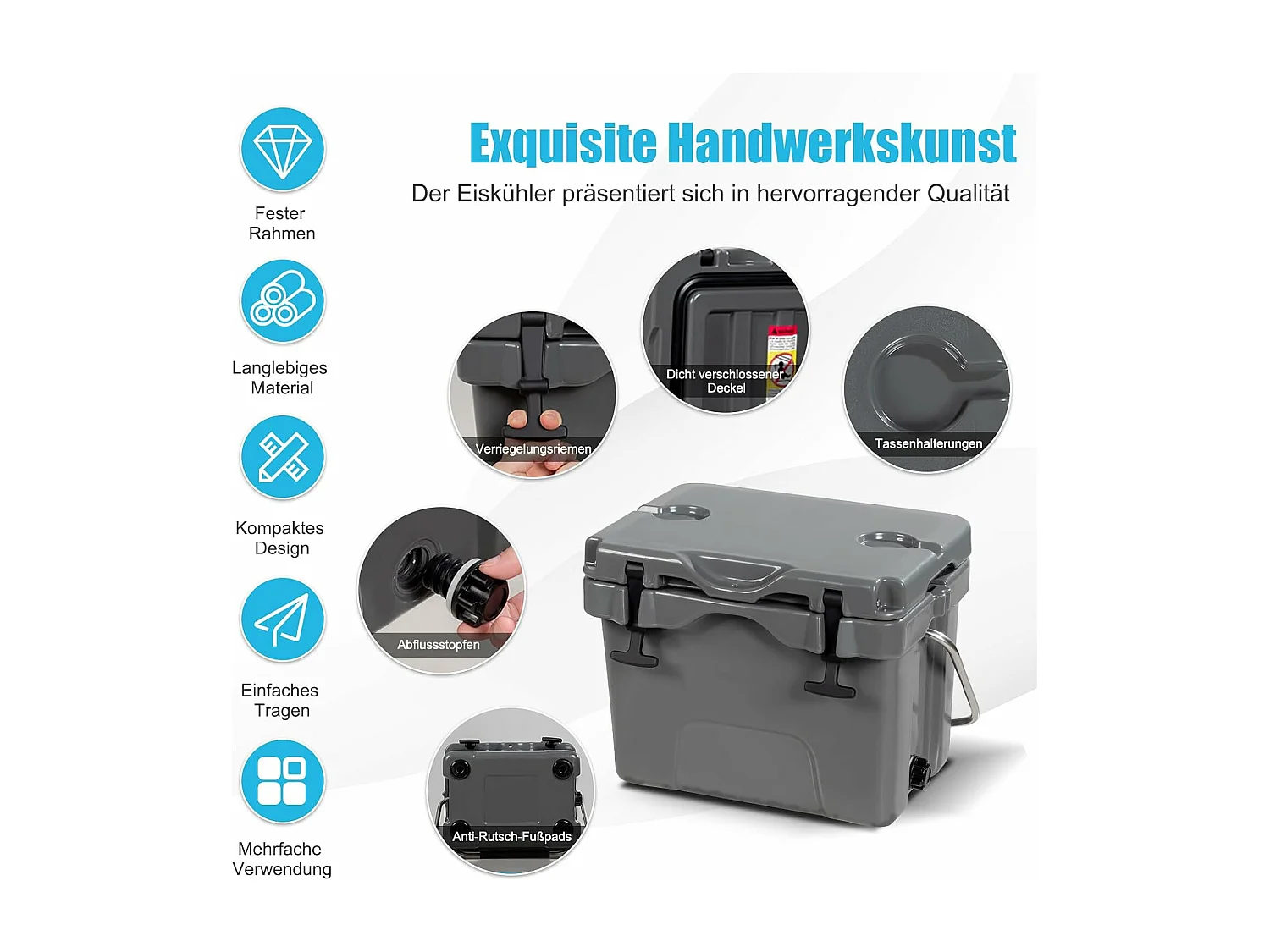 Koelbox, 15 liter, draagbaar,afvoerstop en bekerhouder, thermobox, warmtecontainer voor eten en dranken, 45 x 34 x 33 cm (grijs)AB92258