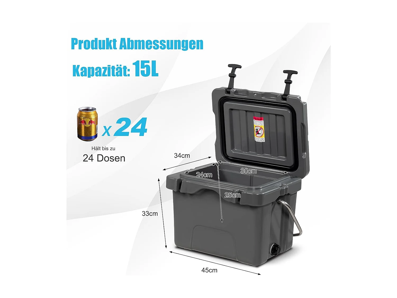 Koelbox, 15 liter, draagbaar,afvoerstop en bekerhouder, thermobox, warmtecontainer voor eten en dranken, 45 x 34 x 33 cm (grijs)AB92258