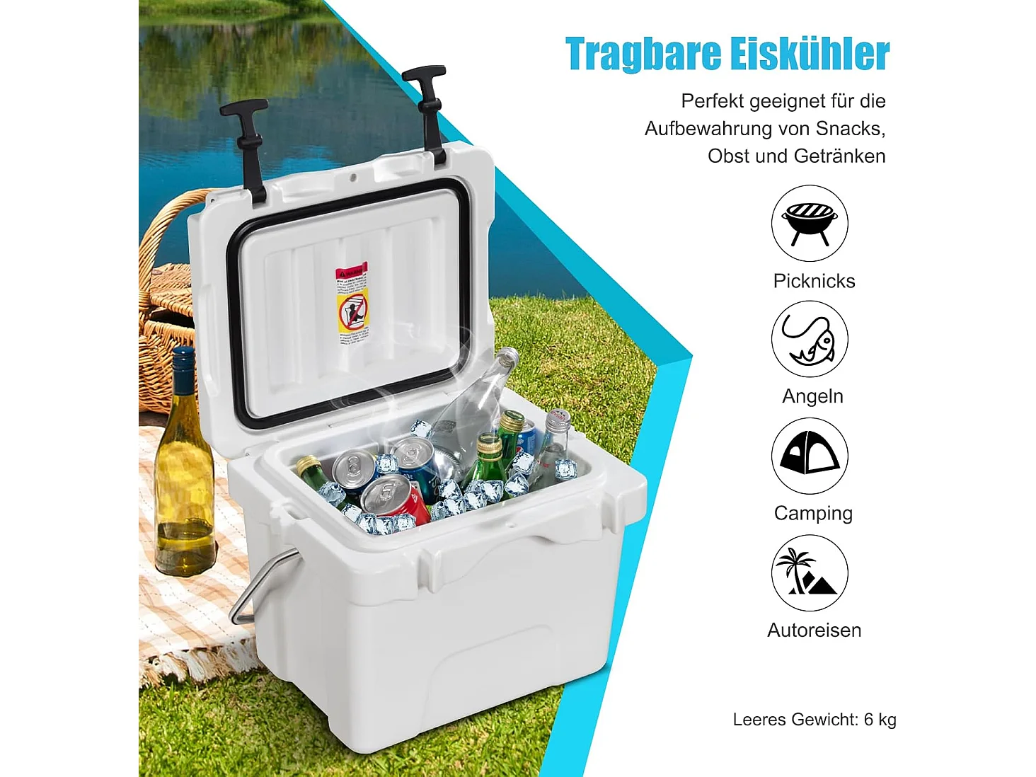 Koelbox, 15 liter, draagbaar,afvoerstop en bekerhouder, thermobox, warmtecontainer voor eten en dranken, 45 x 34 x 33 cm (wit)AB92258