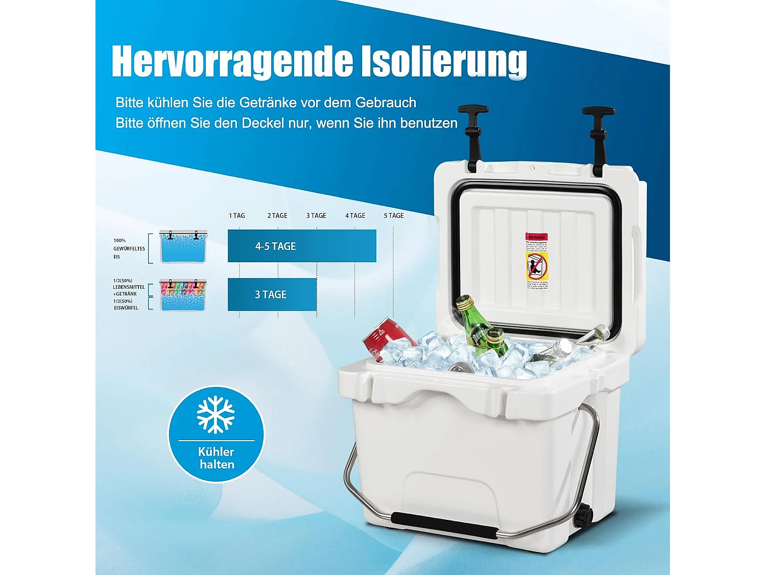 Koelbox, 15 liter, draagbaar,afvoerstop en bekerhouder, thermobox, warmtecontainer voor eten en dranken, 45 x 34 x 33 cm (wit)AB92258