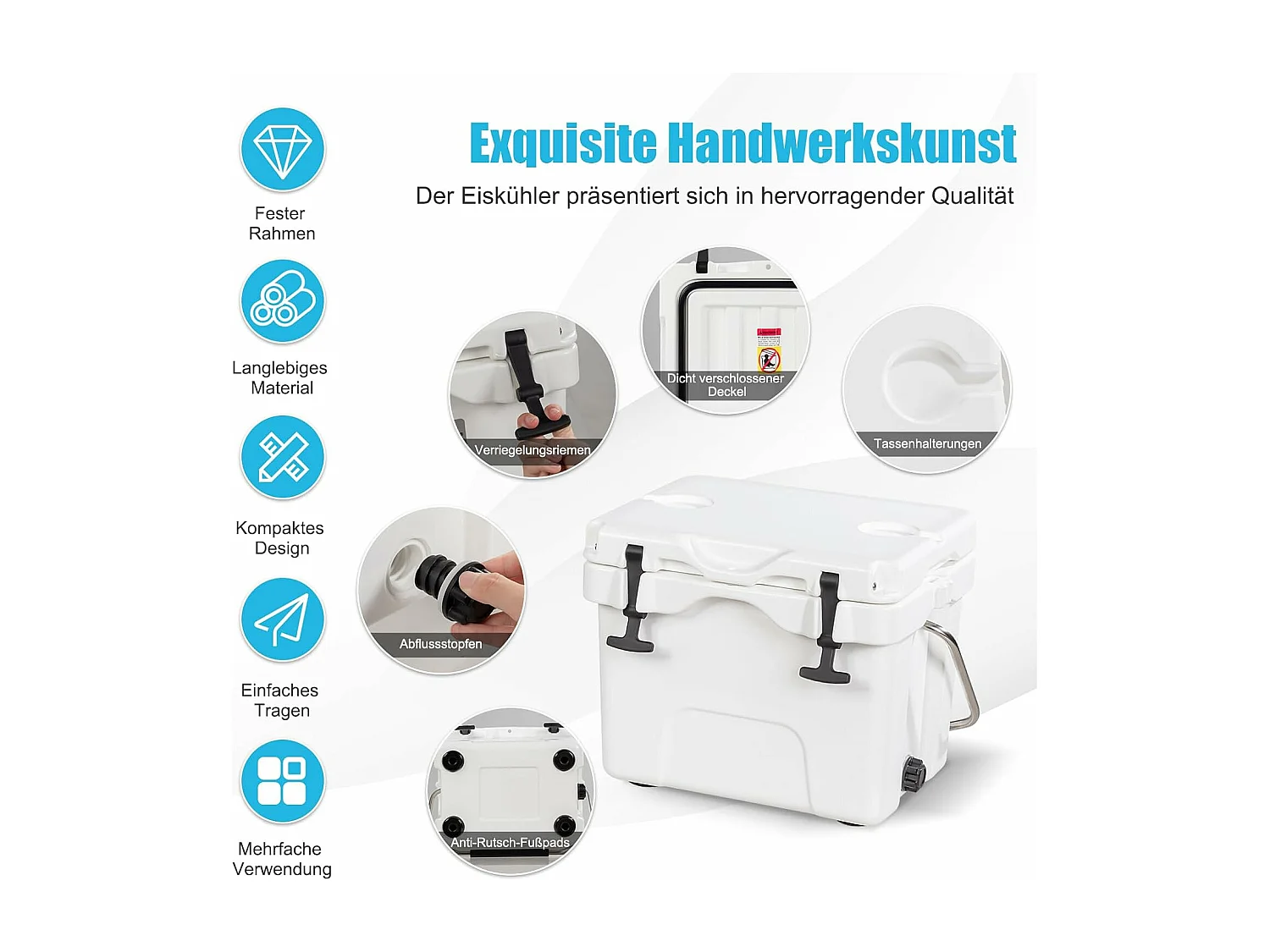 Koelbox, 15 liter, draagbaar,afvoerstop en bekerhouder, thermobox, warmtecontainer voor eten en dranken, 45 x 34 x 33 cm (wit)AB92258