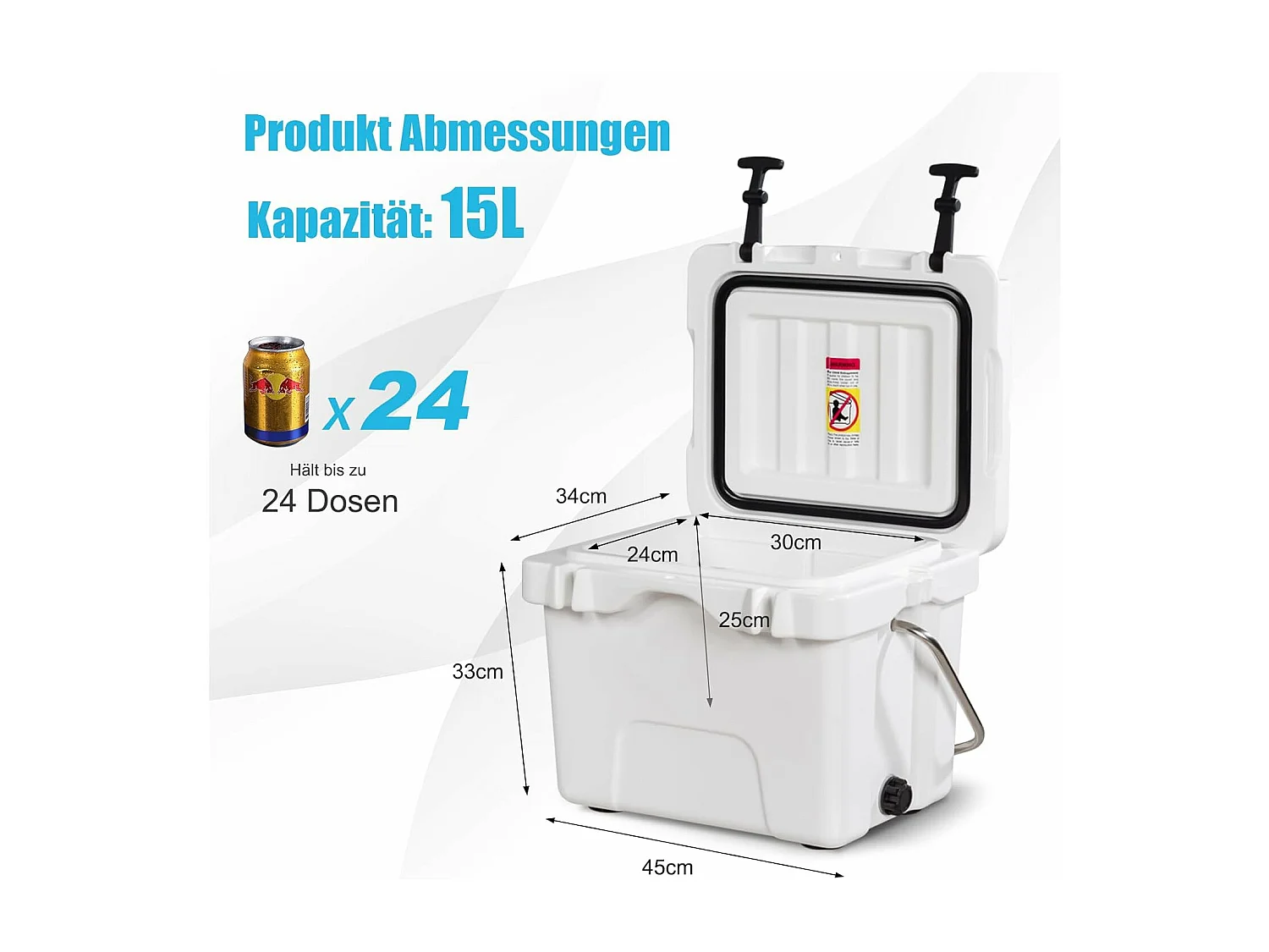 Koelbox, 15 liter, draagbaar,afvoerstop en bekerhouder, thermobox, warmtecontainer voor eten en dranken, 45 x 34 x 33 cm (wit)AB92258