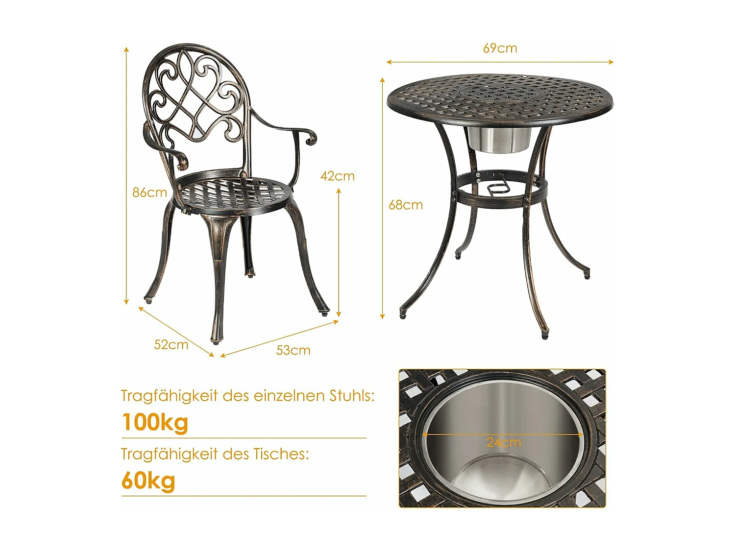 Bistroset met 2 stoelen & bijzettafel, ronde tafel met afneembare ijsemmer & 2 stoelen, tuinmeubelset voor veranda, terras & tuin