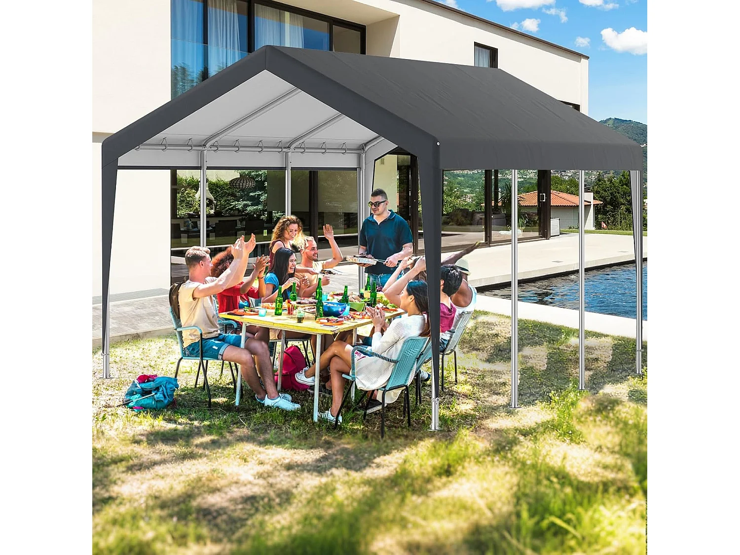 Carport Tentgarage, 595 x 300 cm, garagetent met 8 afneembare zijwanden, weidetent, opslagtent,garageoverkapping voor auto,ZB34249