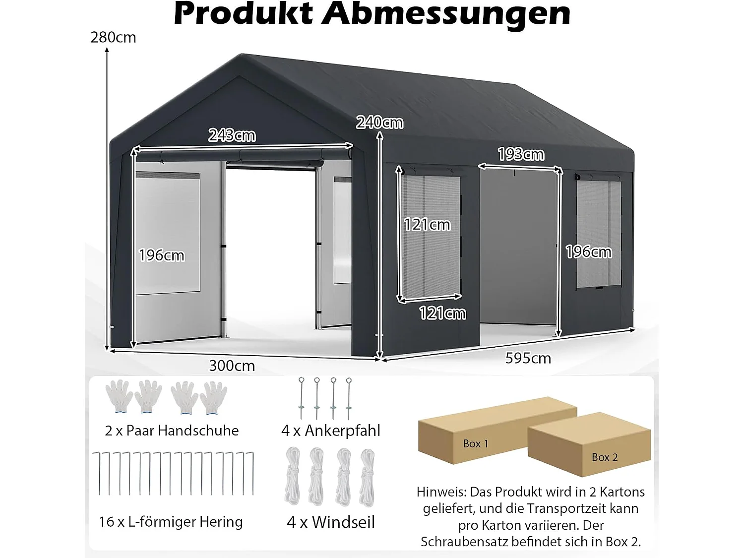 Carport Tentgarage, 595 x 300 cm, garagetent met 8 afneembare zijwanden, weidetent, opslagtent,garageoverkapping voor auto,ZB34249