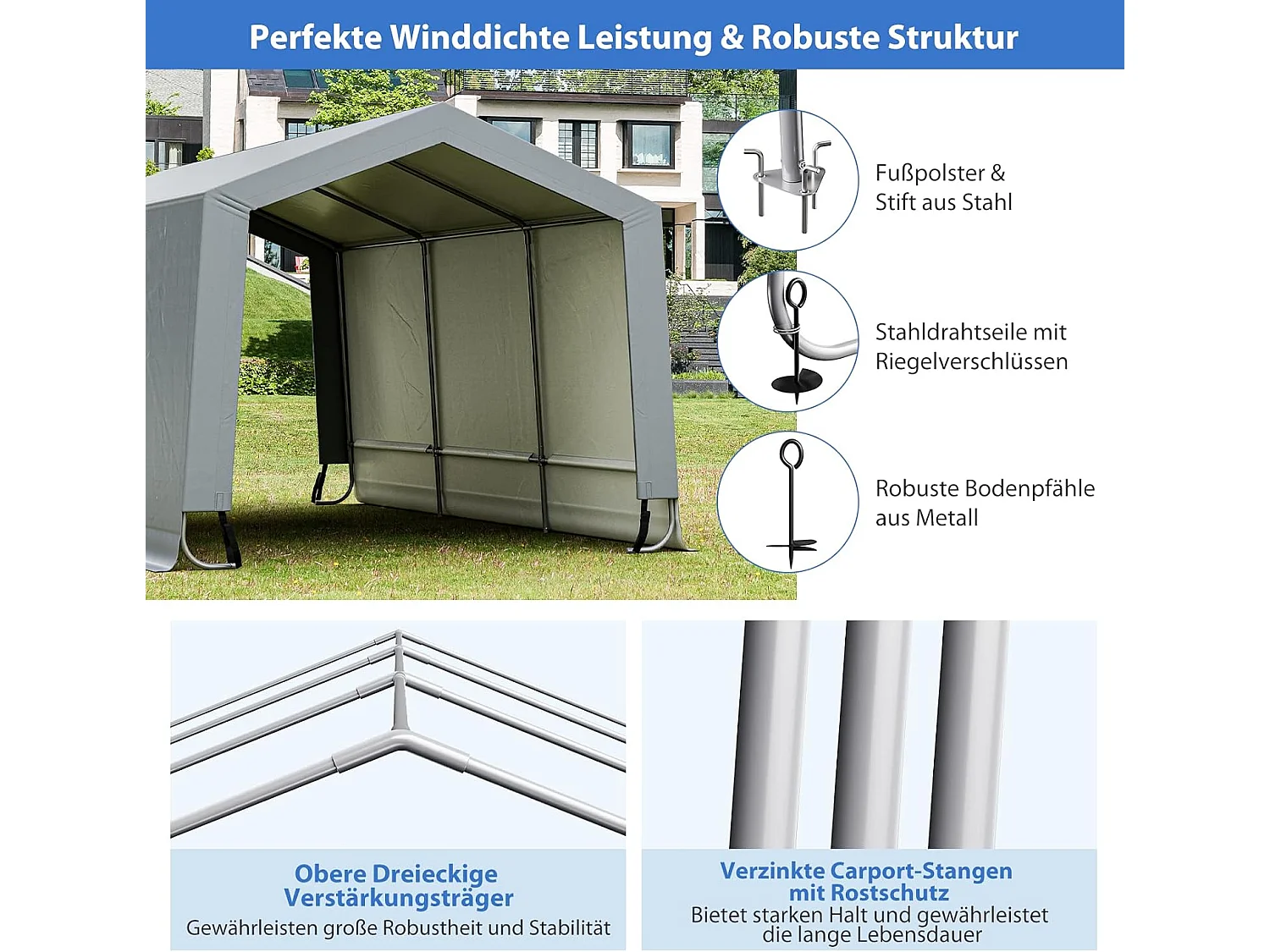 Garagetent carport, 490 x 290 x 245 cm, tentgarage met deuren, weidetent, opslagtent, garage, autoschuilplaats voor SUV, boot,vracht,ZB32807