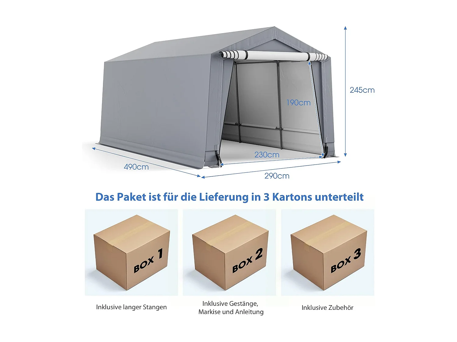 Garagetent carport, 490 x 290 x 245 cm, tentgarage met deuren, weidetent, opslagtent, garage, autoschuilplaats voor SUV, boot,vracht,ZB32807