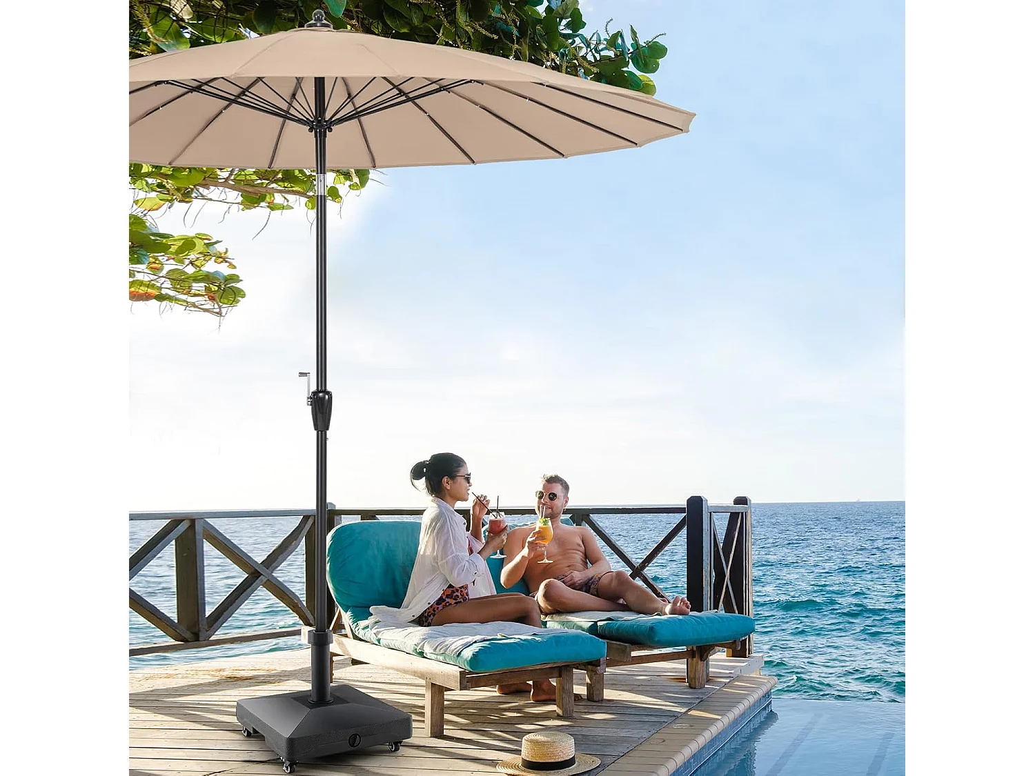 Parasolstandaard met wieltjes, parasolstandaard te vullen met water of zand, marktparaplustandaard voor parasolstangen van 32/48 mm