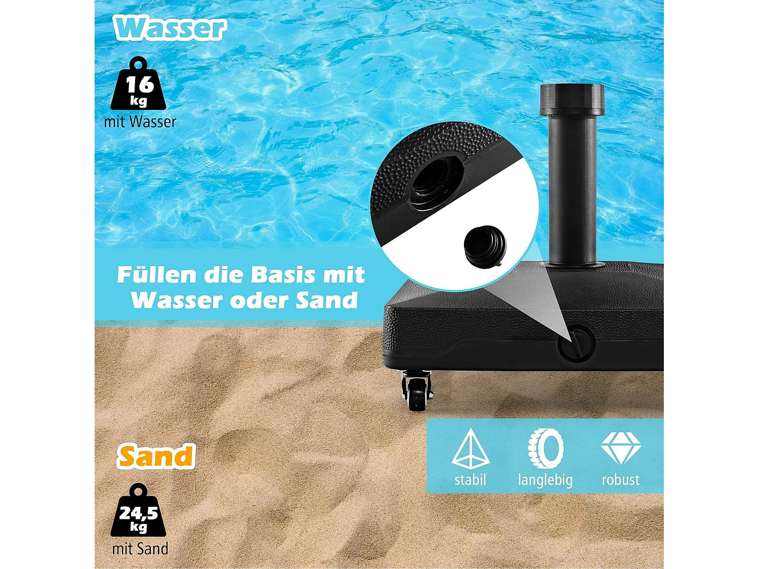 Parasolstandaard met wieltjes, parasolstandaard te vullen met water of zand, marktparaplustandaard voor parasolstangen van 32/48 mm